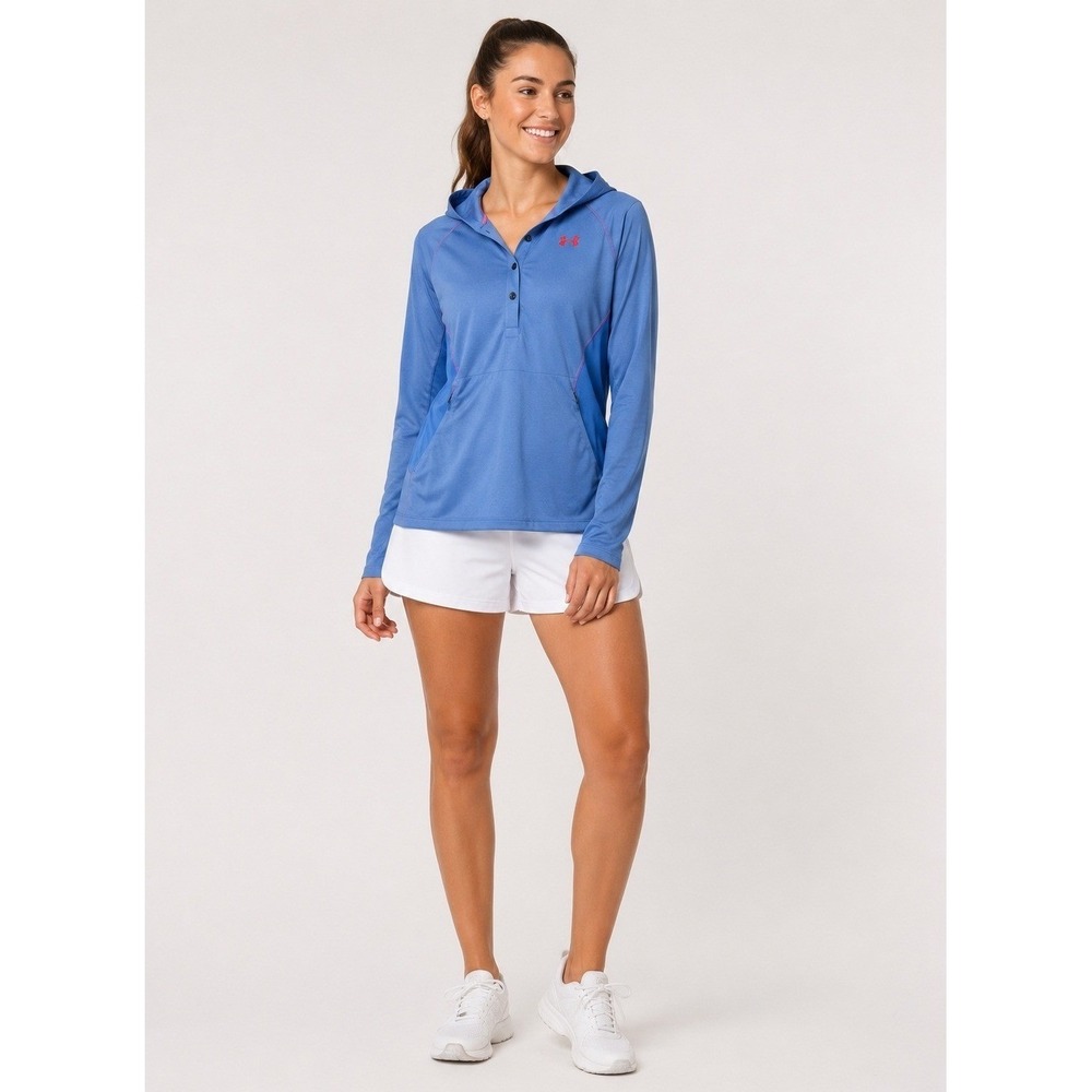 Under Armour Pullover Athletic Shirt Womens M Baby Blue Polyester Pockets Hood